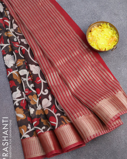 Banarasi cotton saree black and maroon with allover kalmkari prints and zari woven border