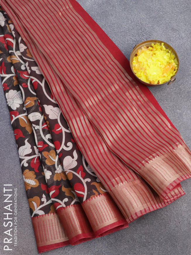 Banarasi cotton saree black and maroon with allover kalmkari prints and zari woven border