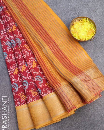 Banarasi cotton saree maroon and yellow with allover floral prints and zari woven border