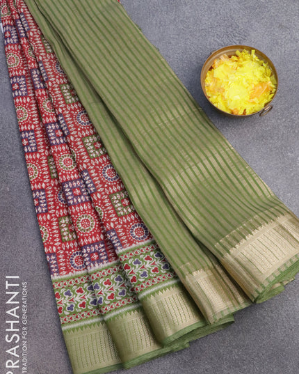 Banarasi cotton saree maroon and green with allover batik prints and zari woven border