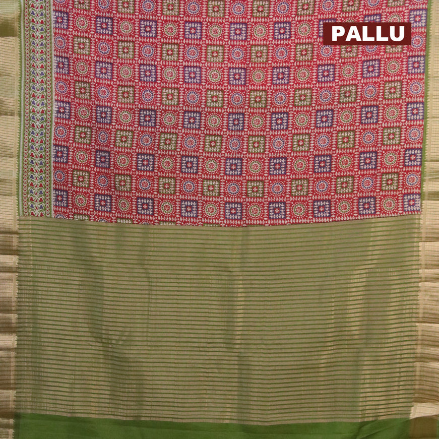 Banarasi cotton saree maroon and green with allover batik prints and zari woven border