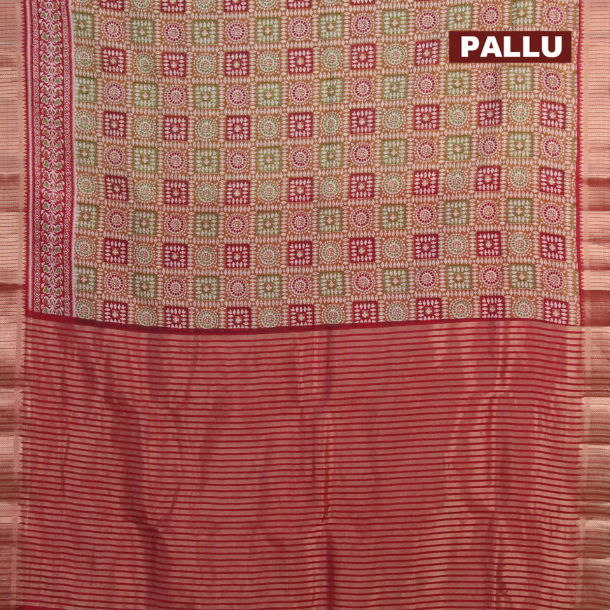 Banarasi cotton saree dark mustard and maroon with allover batik prints and zari woven border