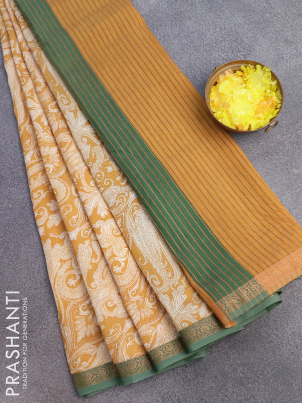 Banarasi cotton saree mustard yellow and green with allover prints and zari woven border