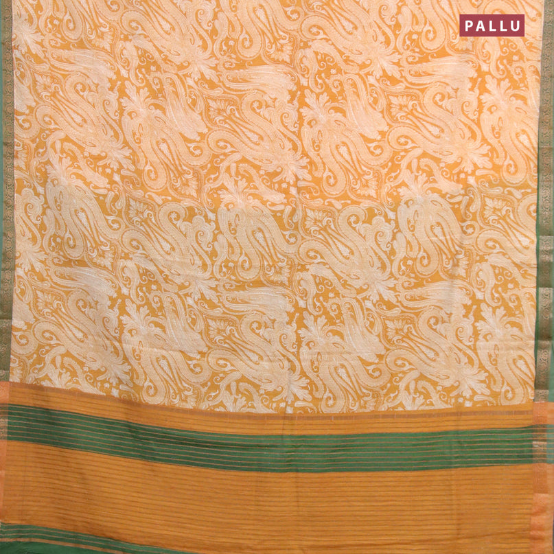 Banarasi cotton saree mustard yellow and green with allover prints and zari woven border