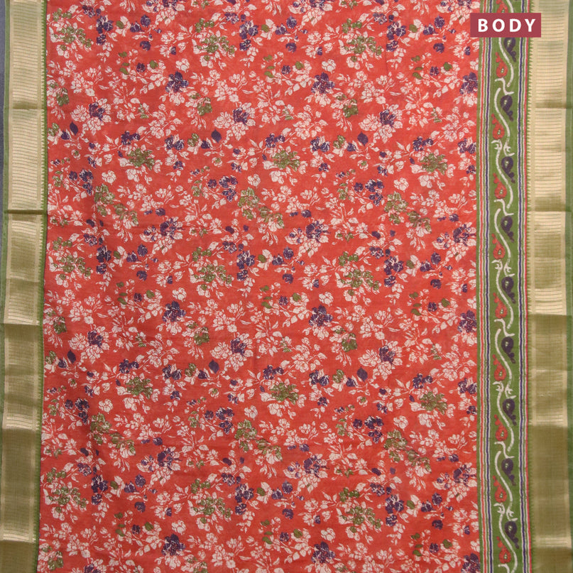 Banarasi cotton saree rustic orange and green with allover prints and zari woven border