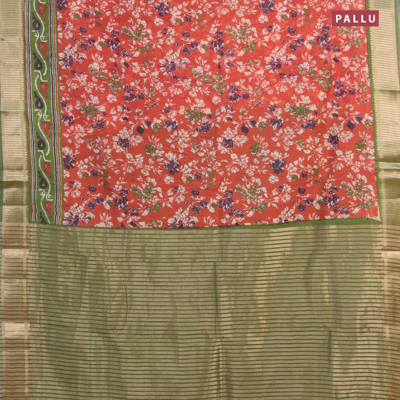 Banarasi cotton saree rustic orange and green with allover prints and zari woven border
