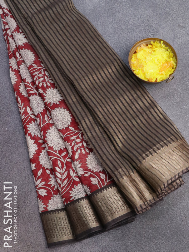 Banarasi cotton saree maroon and black with allover floral prints and zari woven border