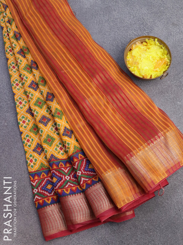 Banarasi cotton saree yellow and maroon with allover ikat prints and zari woven border