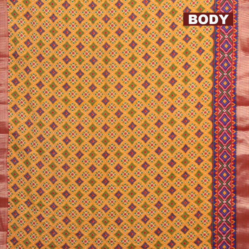 Banarasi cotton saree yellow and maroon with allover ikat prints and zari woven border