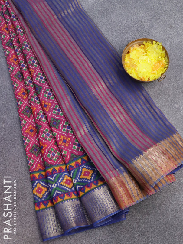 Banarasi cotton saree magenta pink and blue with allover ikat prints and zari woven border