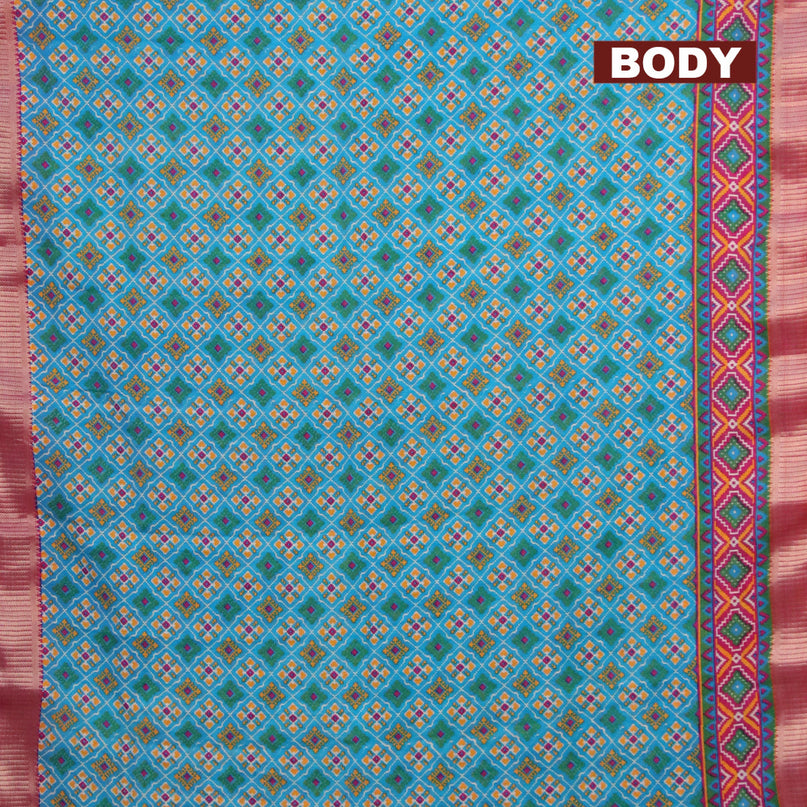 Banarasi cotton saree cs blue and pink with allover ikat prints and zari woven border