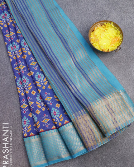 Banarasi cotton saree blue and light blue with allover ikat prints and zari woven border