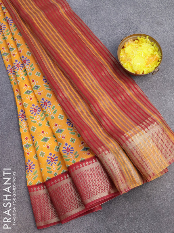 Banarasi cotton saree orange and maroon with allover ikat prints and zari woven border
