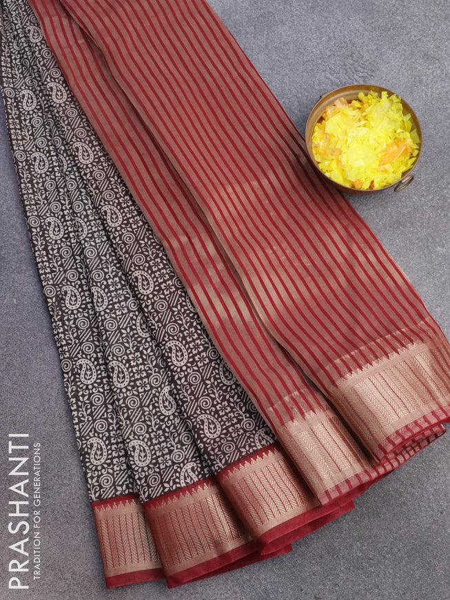 Banarasi cotton saree black and maroon with allover prints and zari woven border