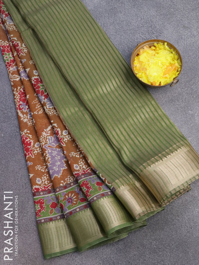Banarasi cotton saree dark mustard yellow and green with allover prints and zari woven border
