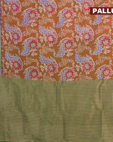 Banarasi cotton saree dark mustard yellow and green with allover prints and zari woven border