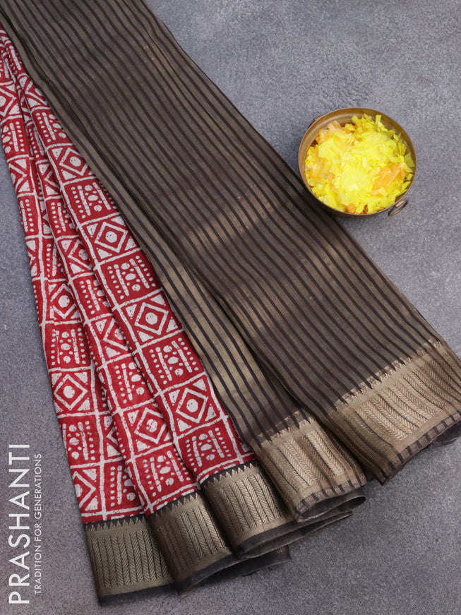 Banarasi cotton saree red and black with allover geometric prints and zari woven border