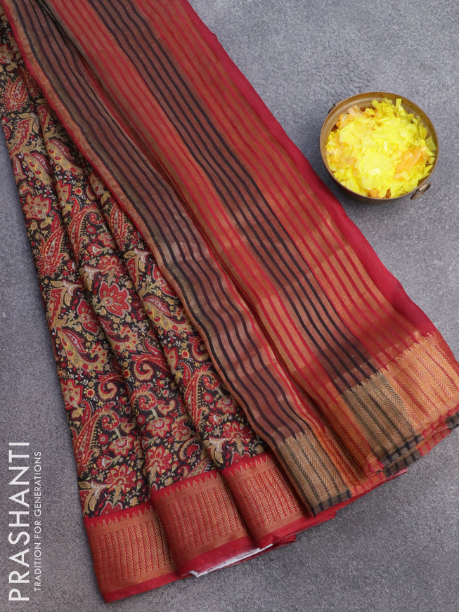 Banarasi cotton saree black and maroon with allover paisley prints and zari woven border