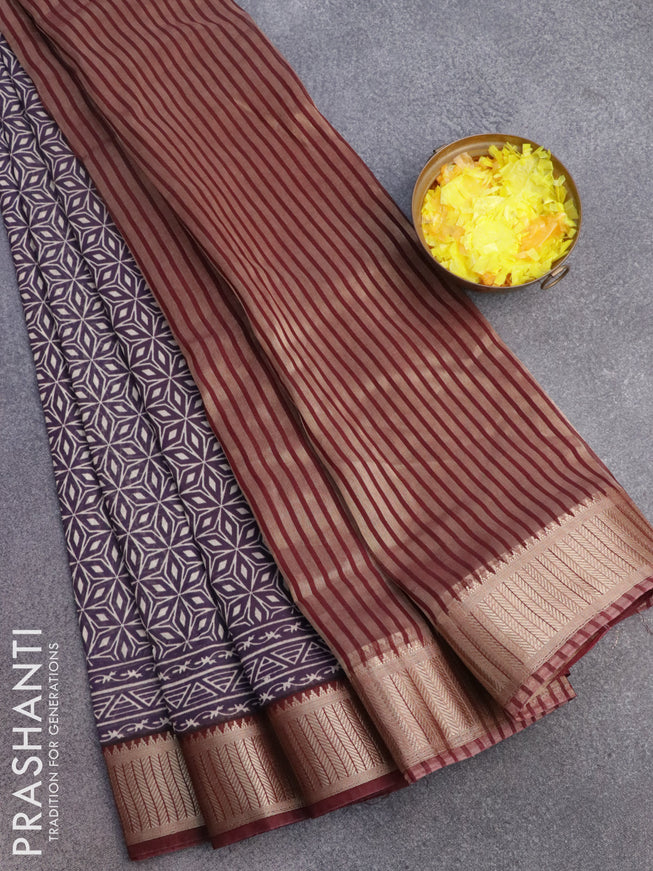 Banarasi cotton saree jamun shade and deep maroon with allover prints and zari woven border