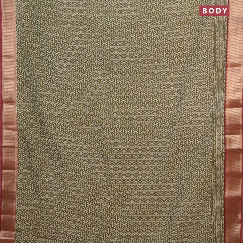 Banarasi cotton saree green and brown with allover prints and zari woven border