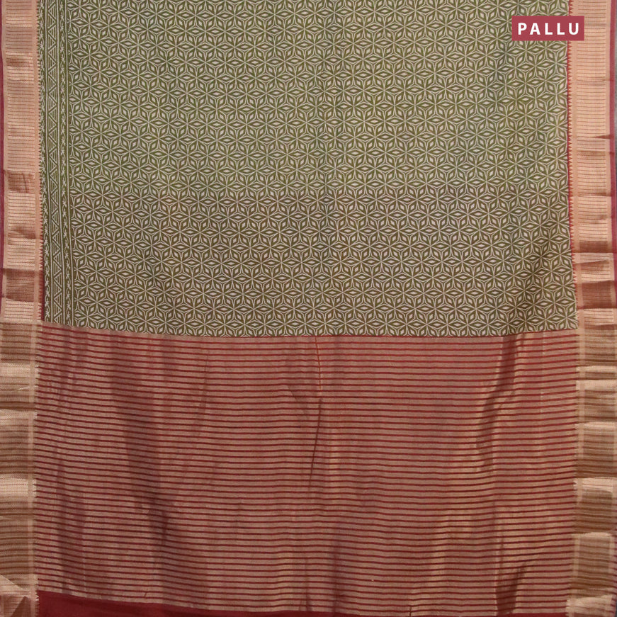 Banarasi cotton saree green and brown with allover prints and zari woven border