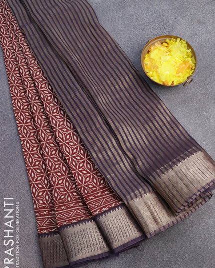 Banarasi cotton saree maroon and blue with allover prints and zari woven border