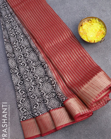Banarasi cotton saree black and maroon with allover ajrakh prints and zari woven border