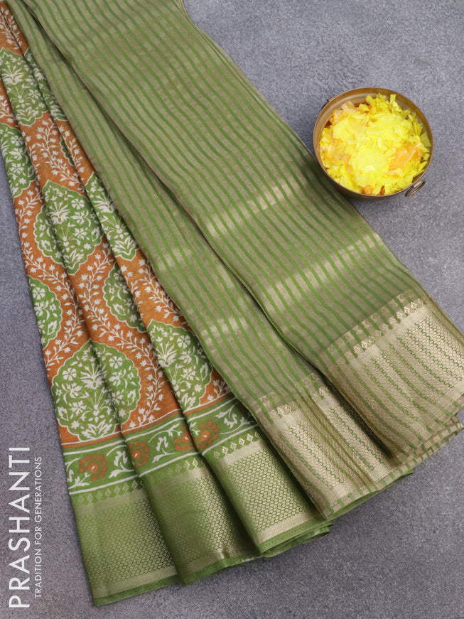 Banarasi cotton saree dark mustard and green with allover prints and zari woven border