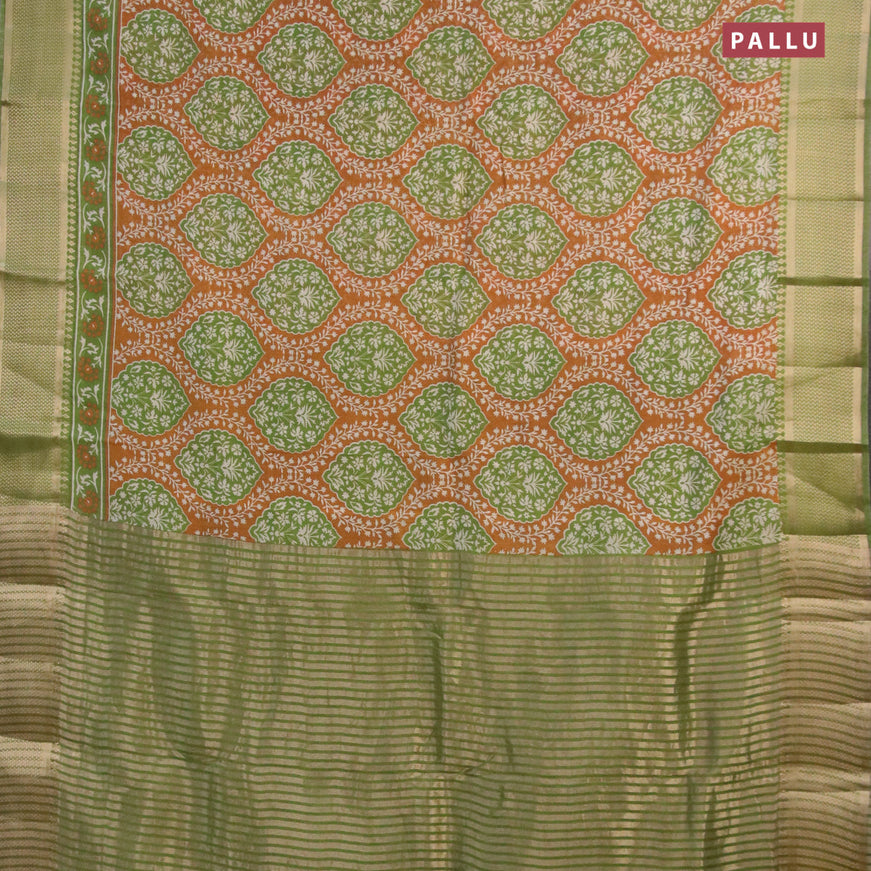 Banarasi cotton saree dark mustard and green with allover prints and zari woven border
