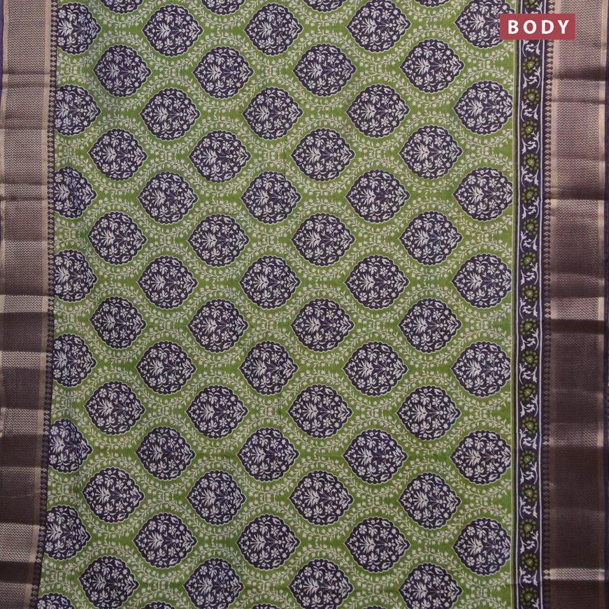 Banarasi cotton saree green and navy blue with allover prints and zari woven border