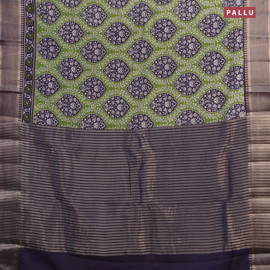 Banarasi cotton saree green and navy blue with allover prints and zari woven border