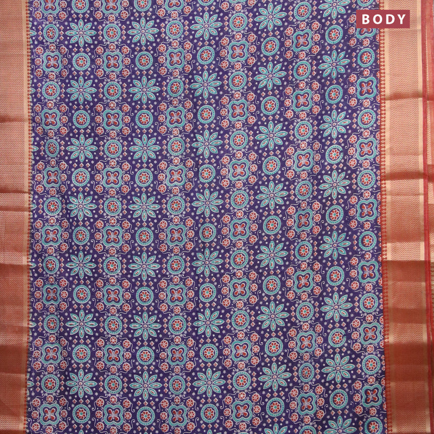 Banarasi cotton saree blue and maroon shade with allover ajrakh prints and zari woven border