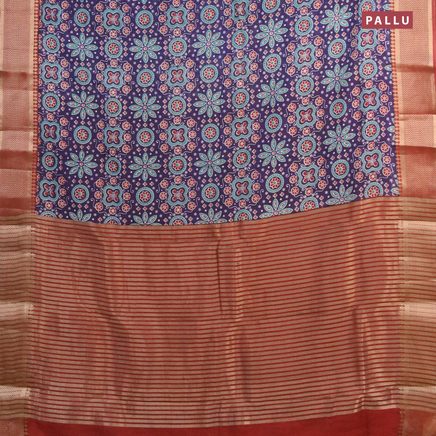 Banarasi cotton saree blue and maroon shade with allover ajrakh prints and zari woven border