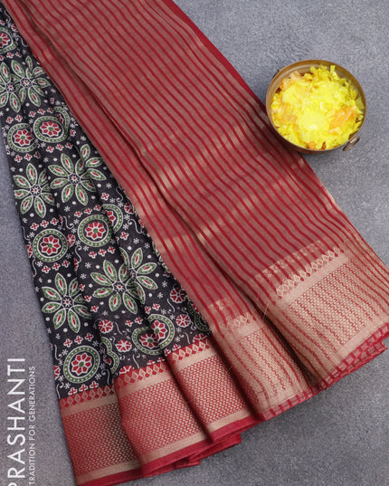 Banarasi cotton saree black and maroon with allover ajrakh prints and zari woven border