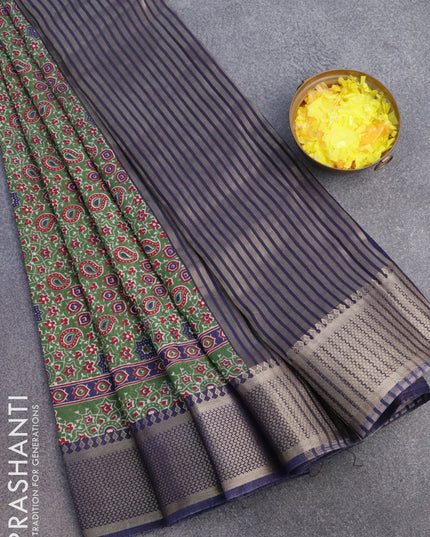 Banarasi cotton saree green and blue with allover ajrakh prints and zari woven border