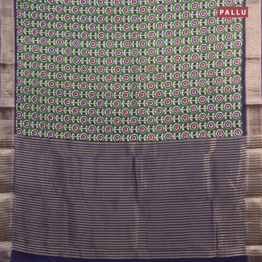 Banarasi cotton saree green and blue with allover prints and zari woven border