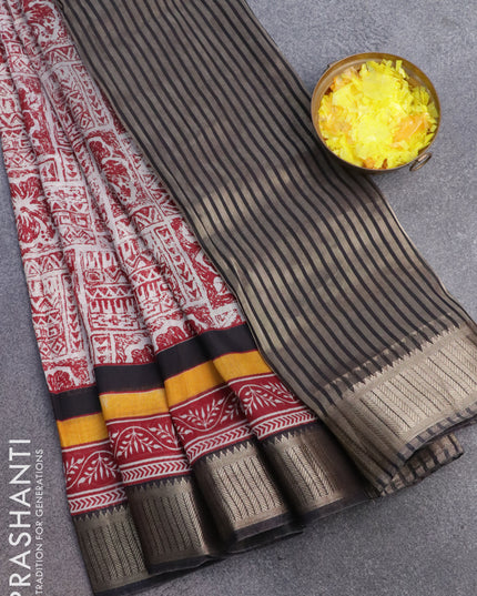 Banarasi cotton saree off white maroon and black with allover prints and zari woven border
