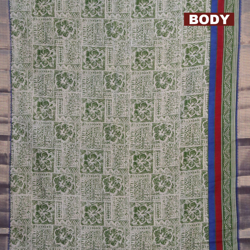 Banarasi cotton saree off white green and blue with allover prints and zari woven border