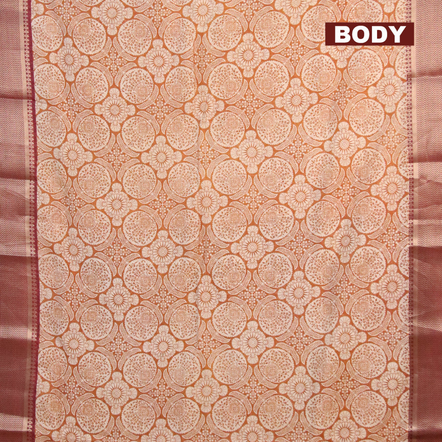 Banarasi cotton saree dark mustard and maroon with allover prints and zari woven border