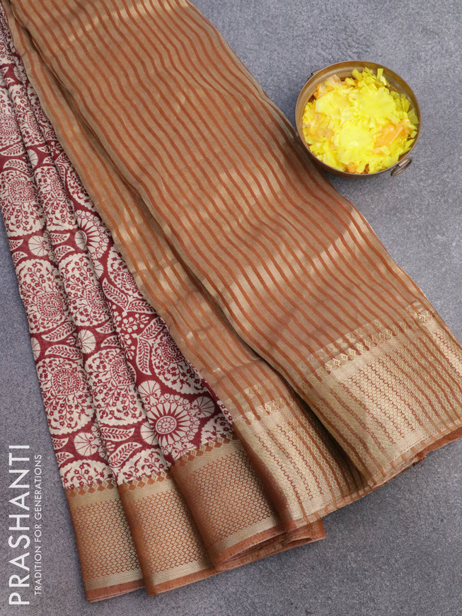 Banarasi cotton saree maroon and rust shade with allover prints and zari woven border