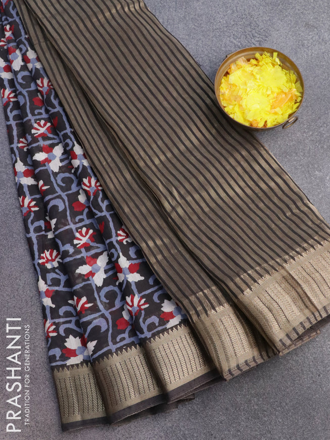 Banarasi cotton saree black with allover prints and zari woven border