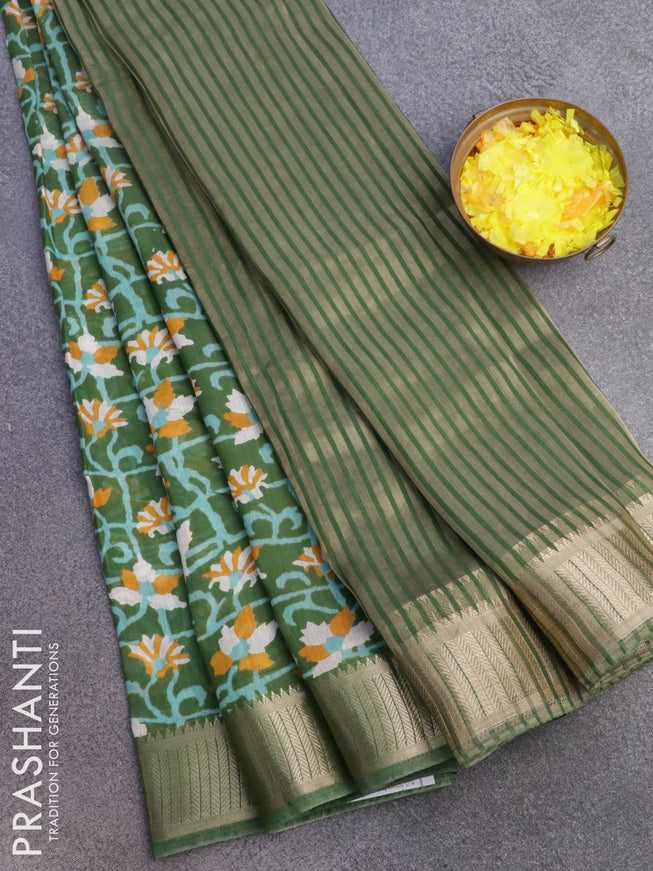 Banarasi cotton saree green with allover prints and zari woven border