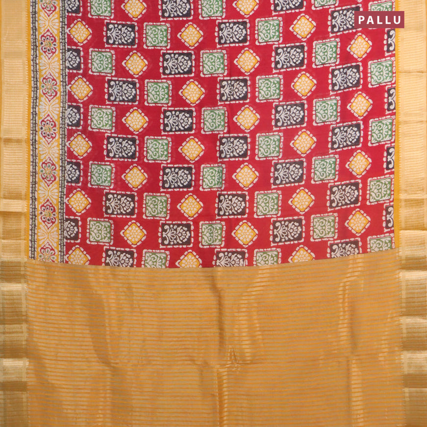 Banarasi cotton saree red and mustard yellow with allover batik butta prints and zari woven border