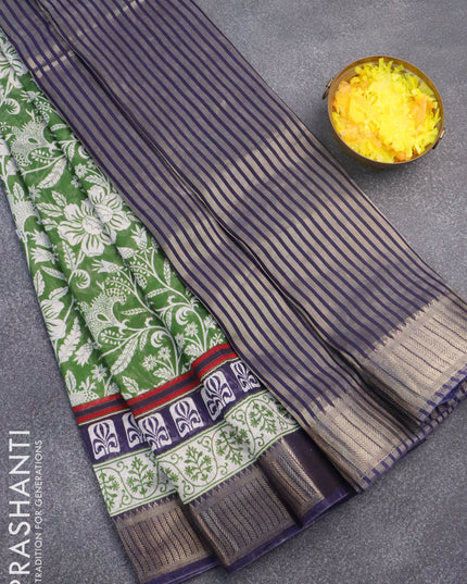Banarasi cotton saree green and blue with allover floral prints and zari woven border