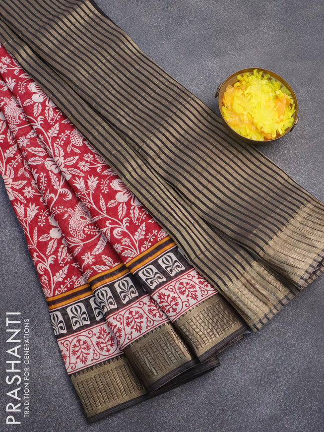 Banarasi cotton saree maroon and black with allover floral prints and zari woven border