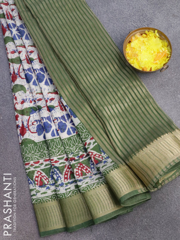 Banarasi cotton saree off white and green with allover batik prints and zari woven border