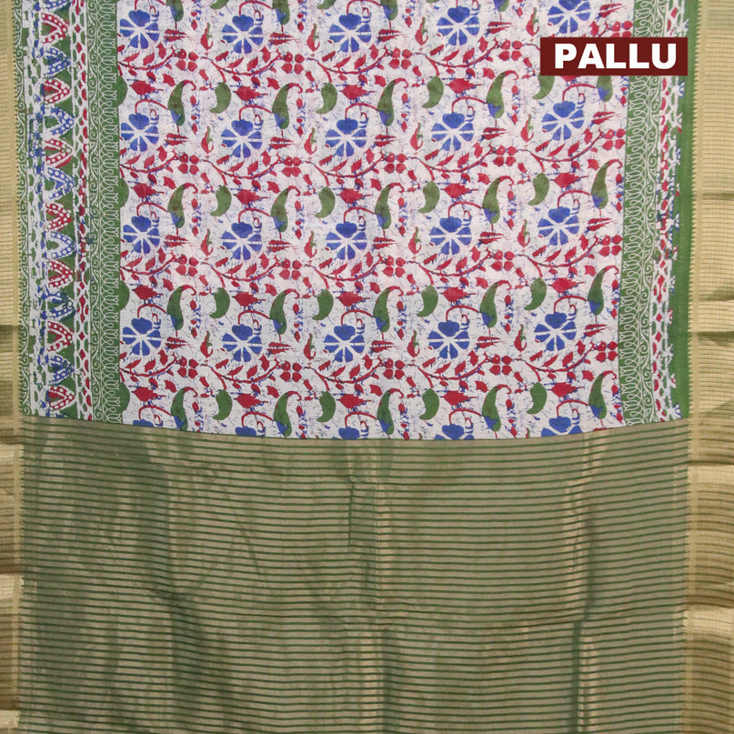 Banarasi cotton saree off white and green with allover batik prints and zari woven border