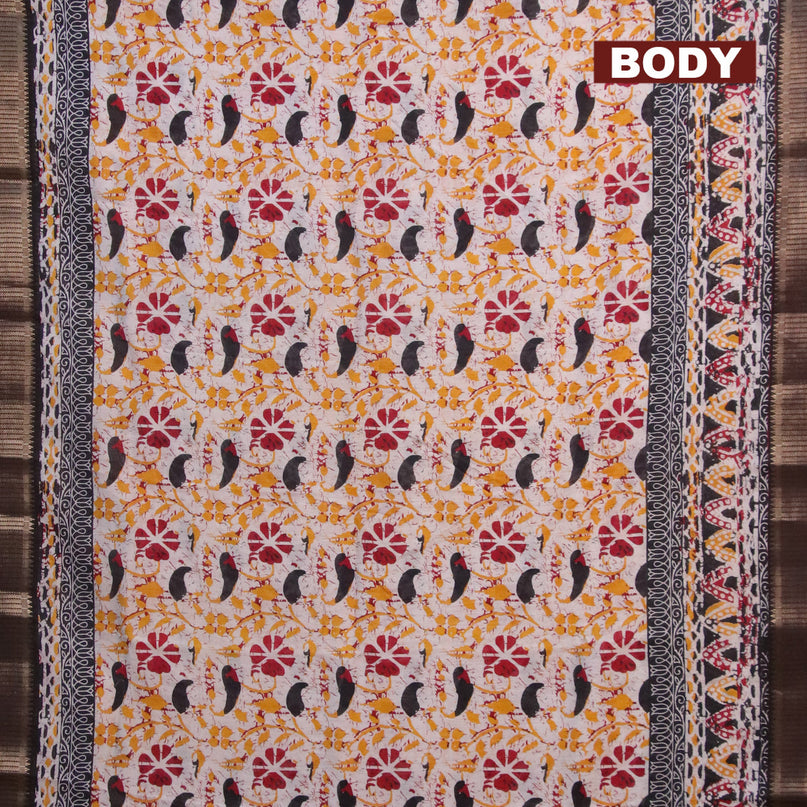 Banarasi cotton saree off white and black with allover batik prints and zari woven border