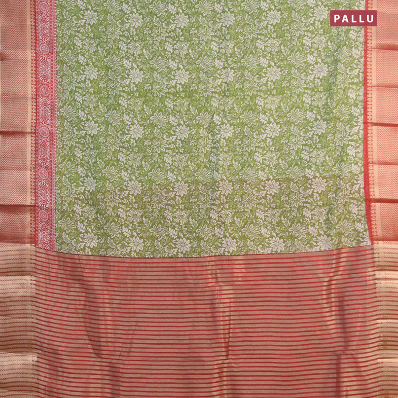 Banarasi cotton saree green and maroon with allover prints and zari woven border