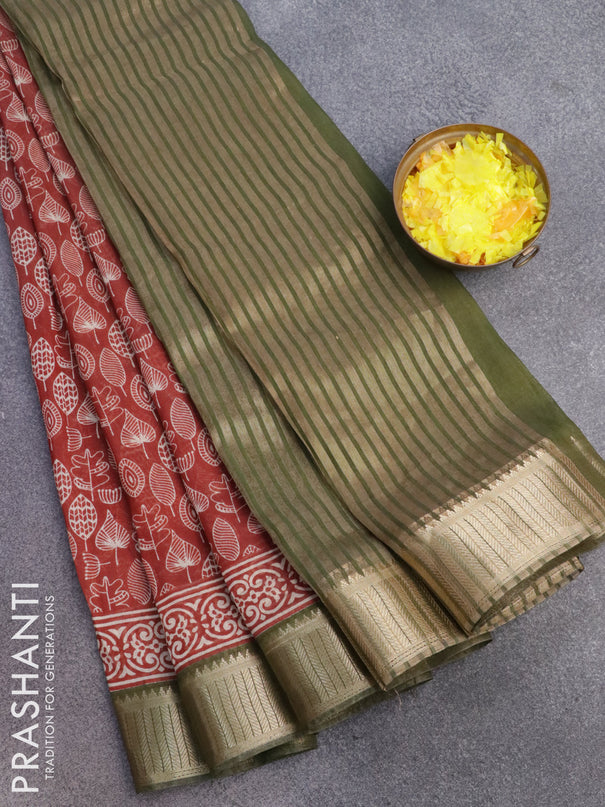 Banarasi cotton saree maroon and sap green with allover prints and zari woven border